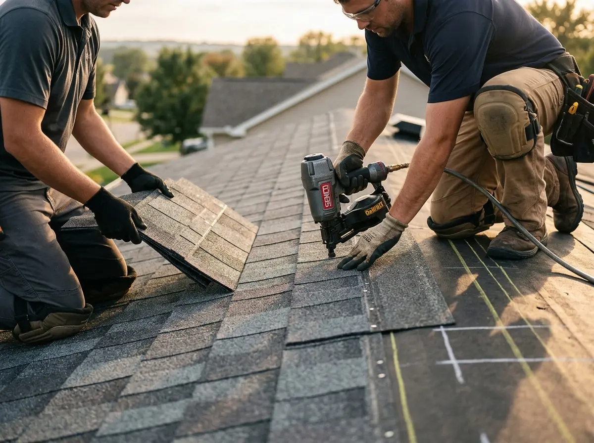 Professional roofer working on a residential roof in Mound